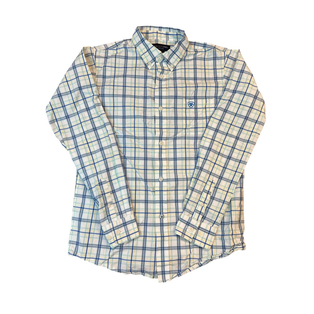 Ariat Boys Pro Phelix LS Shirt Blue Green Yellow Plaid Button Down 10048657